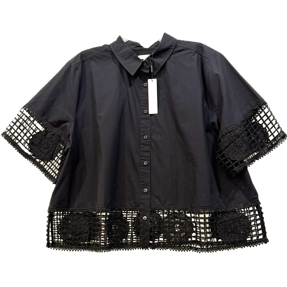 NWT Chico's Size 4 / 20 Black Poplin Crochet Short Sleeve Camp Shirt